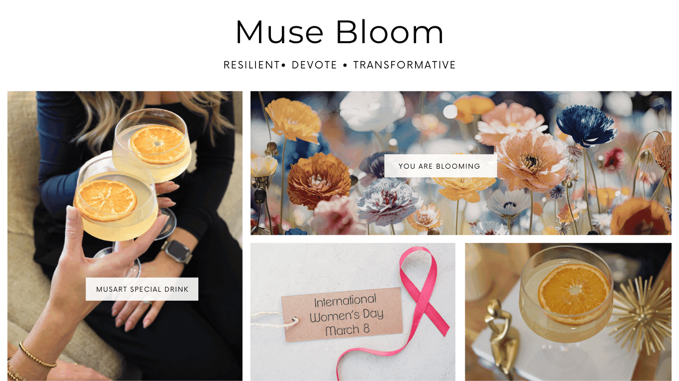 Cheers with drinks and vibrant flowers, International Women's Day celebration.