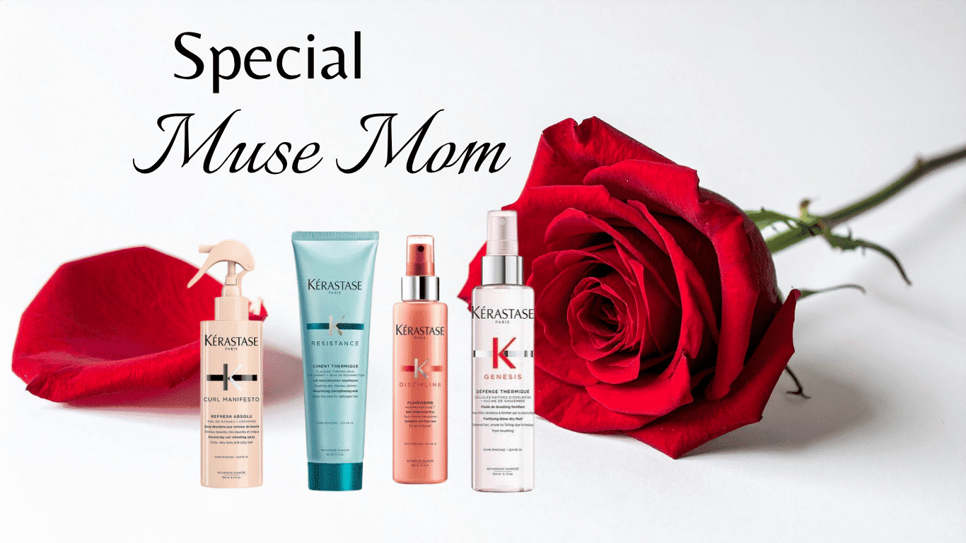 Hair products and red roses on white background with "Special Muse Mom" text.